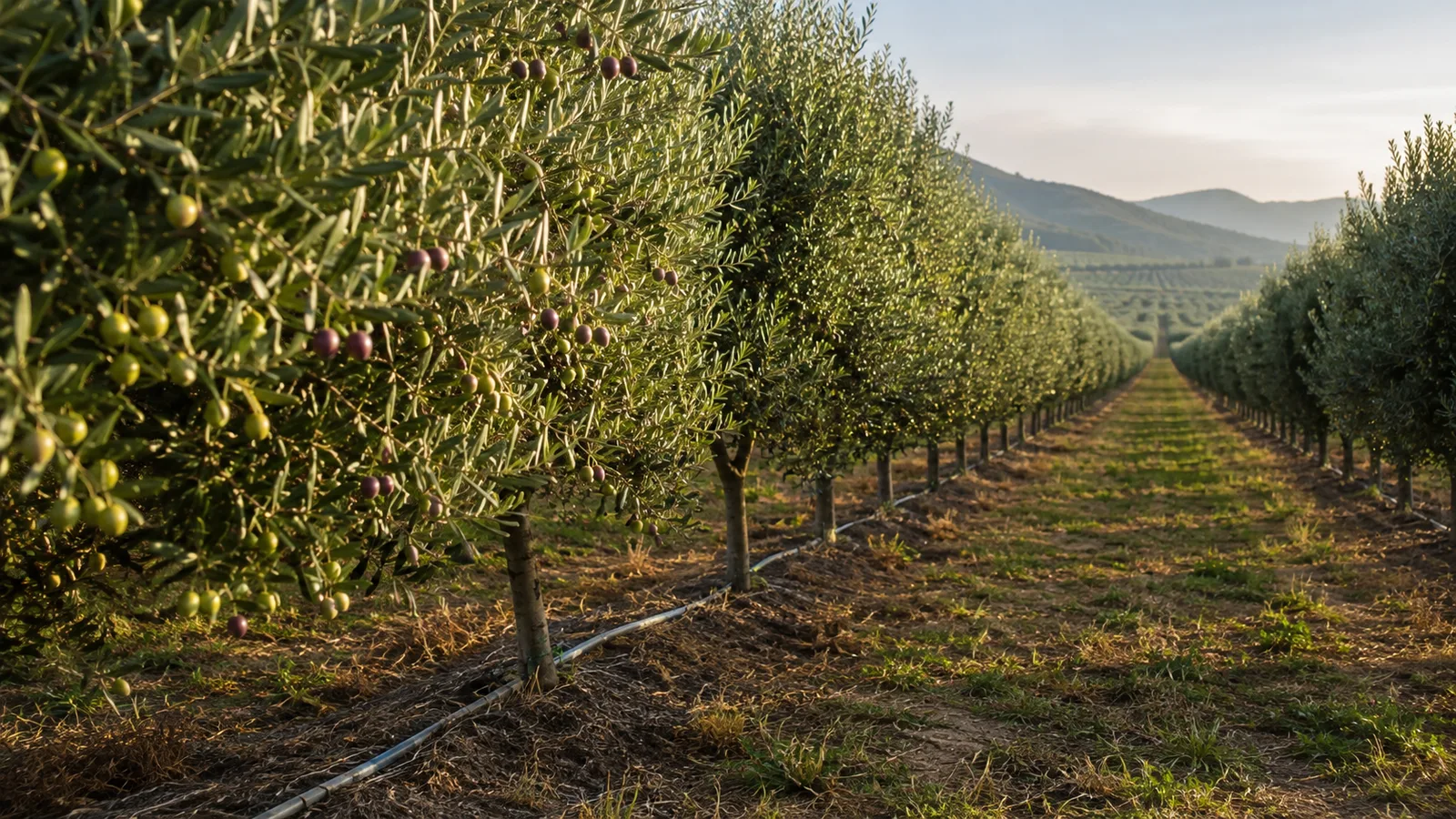 Damlama sulamalı modern sık dikim zeytin bahçesinde düzenli ağaç sıraları
